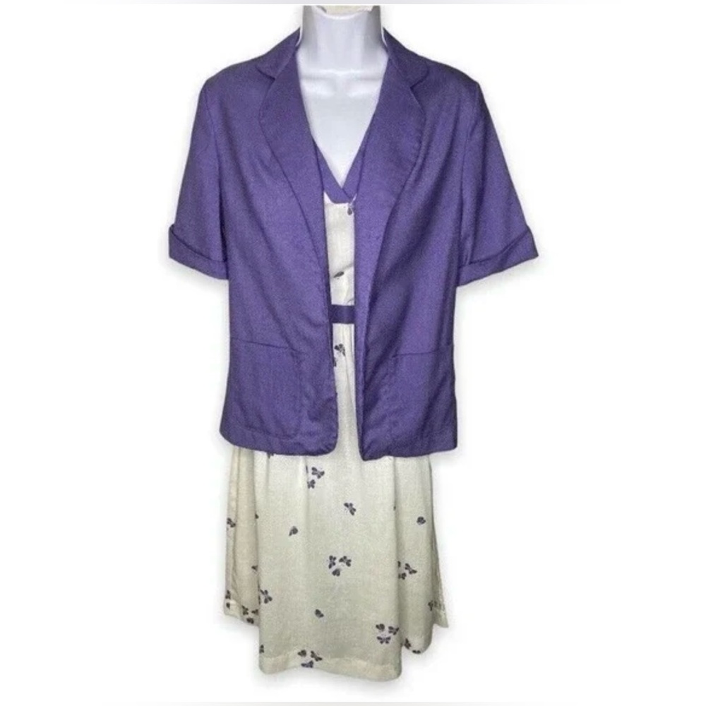 Vintage Women's A-Line Dress Blazer Set Purple Butterfly Button V-Neck - Picture 8 of 8